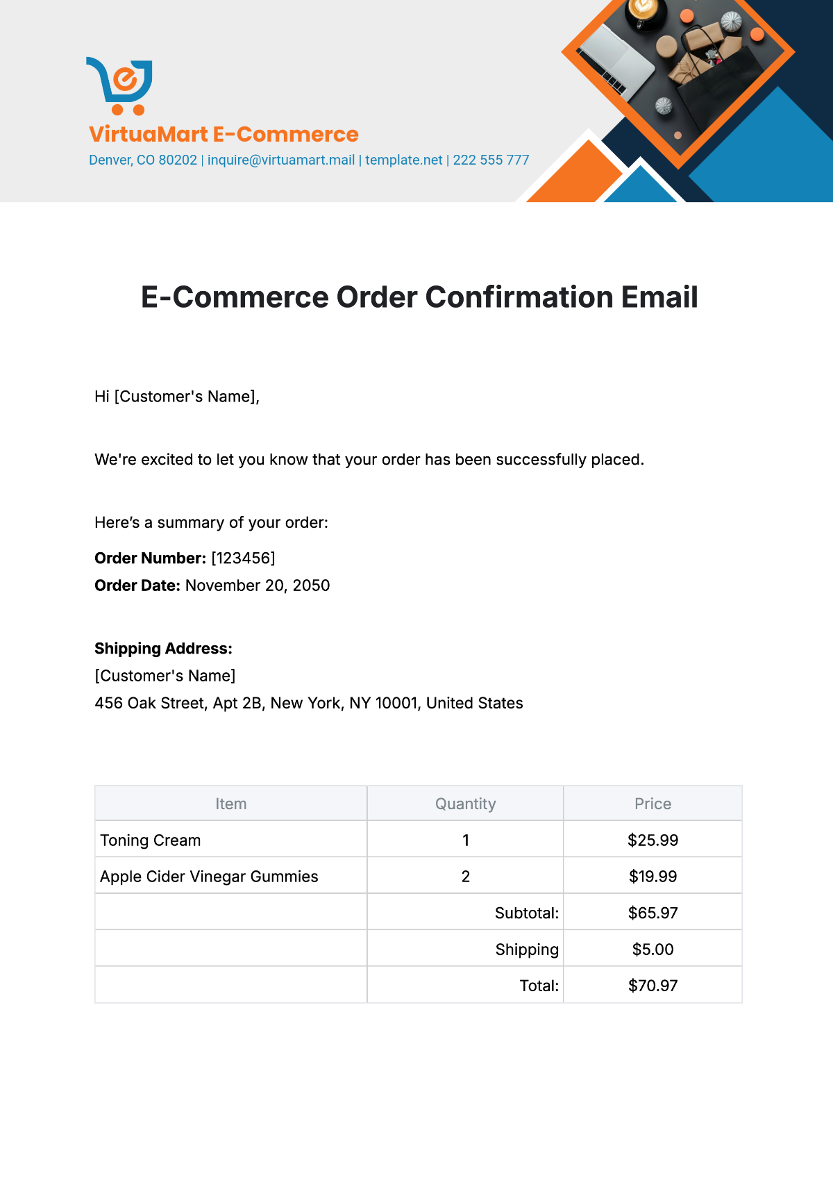 E-Commerce Order Confirmation Email Template - Edit Online & Download