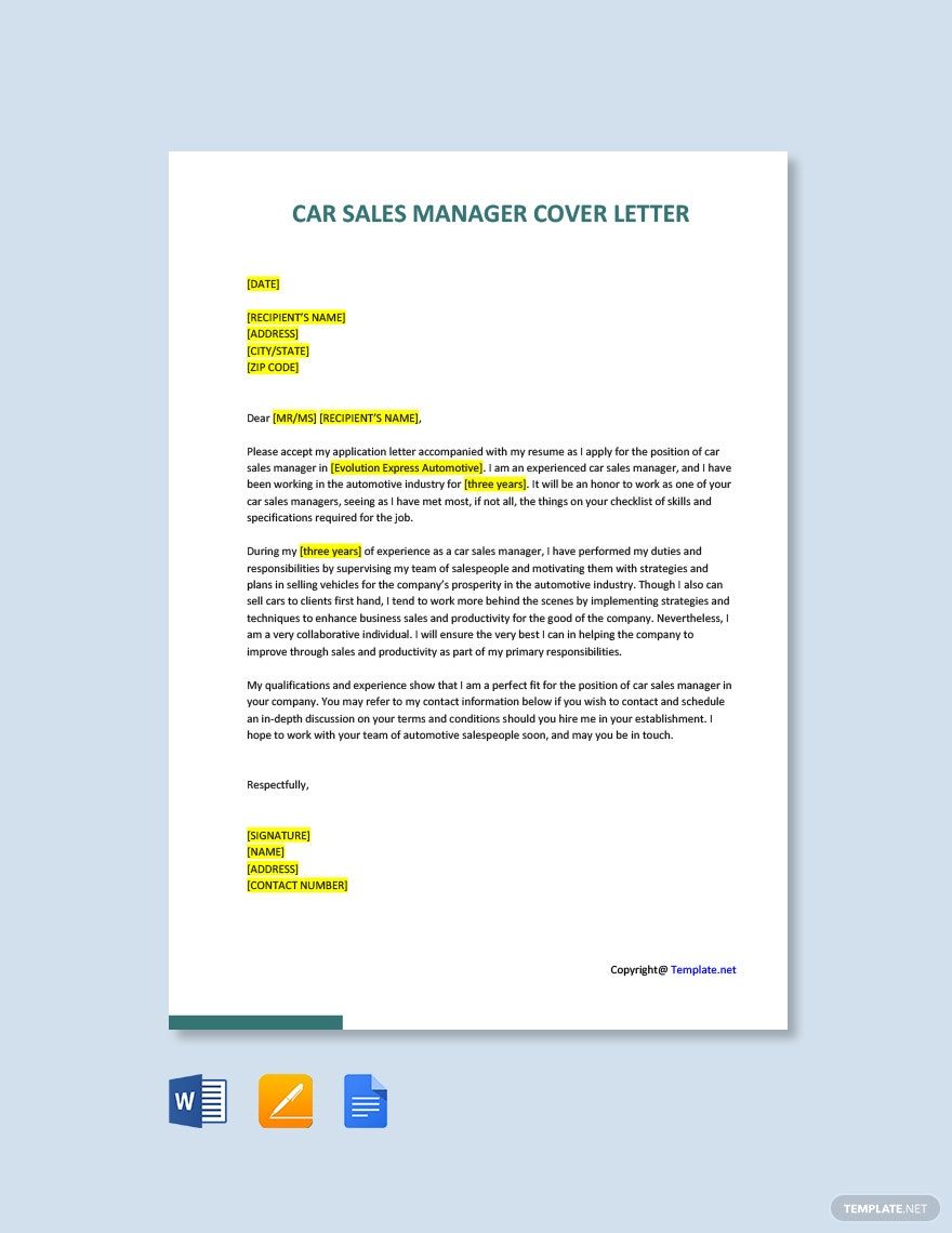 Car Sales Manager Cover Letter