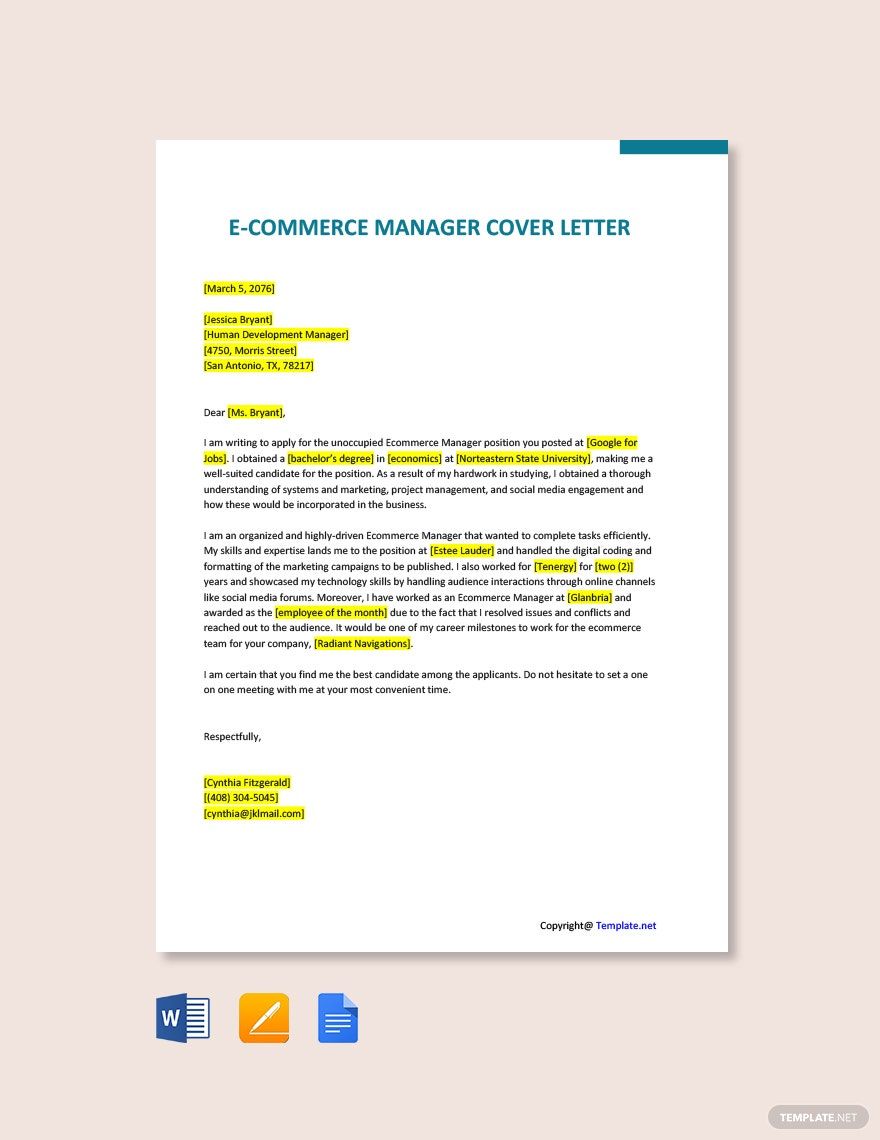 eCommerce Manager Cover Letter in Word, Pages, PDF, Google Docs - Download | Template.net