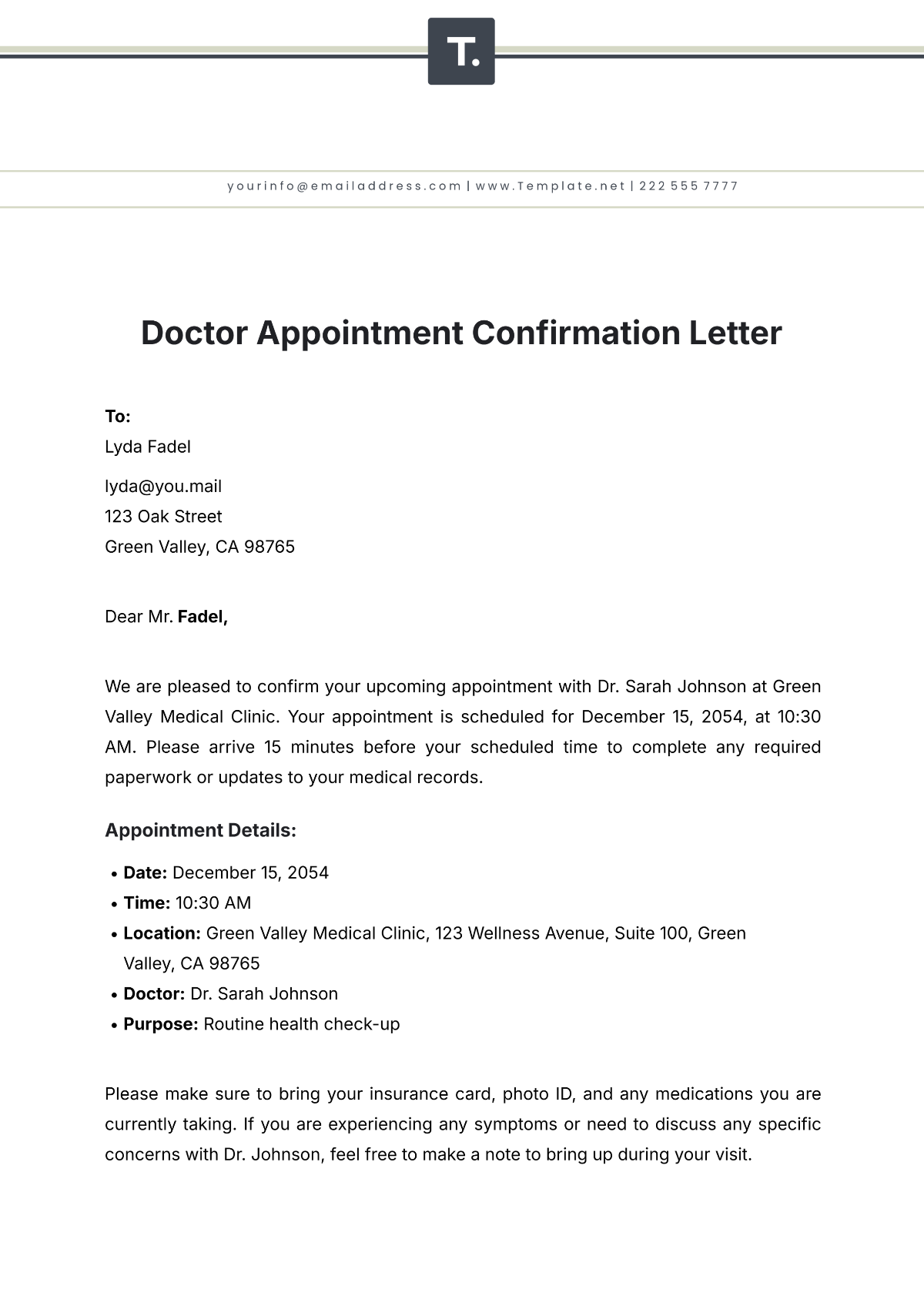 Free Sample Doctor Appointment Confirmation Letter Template