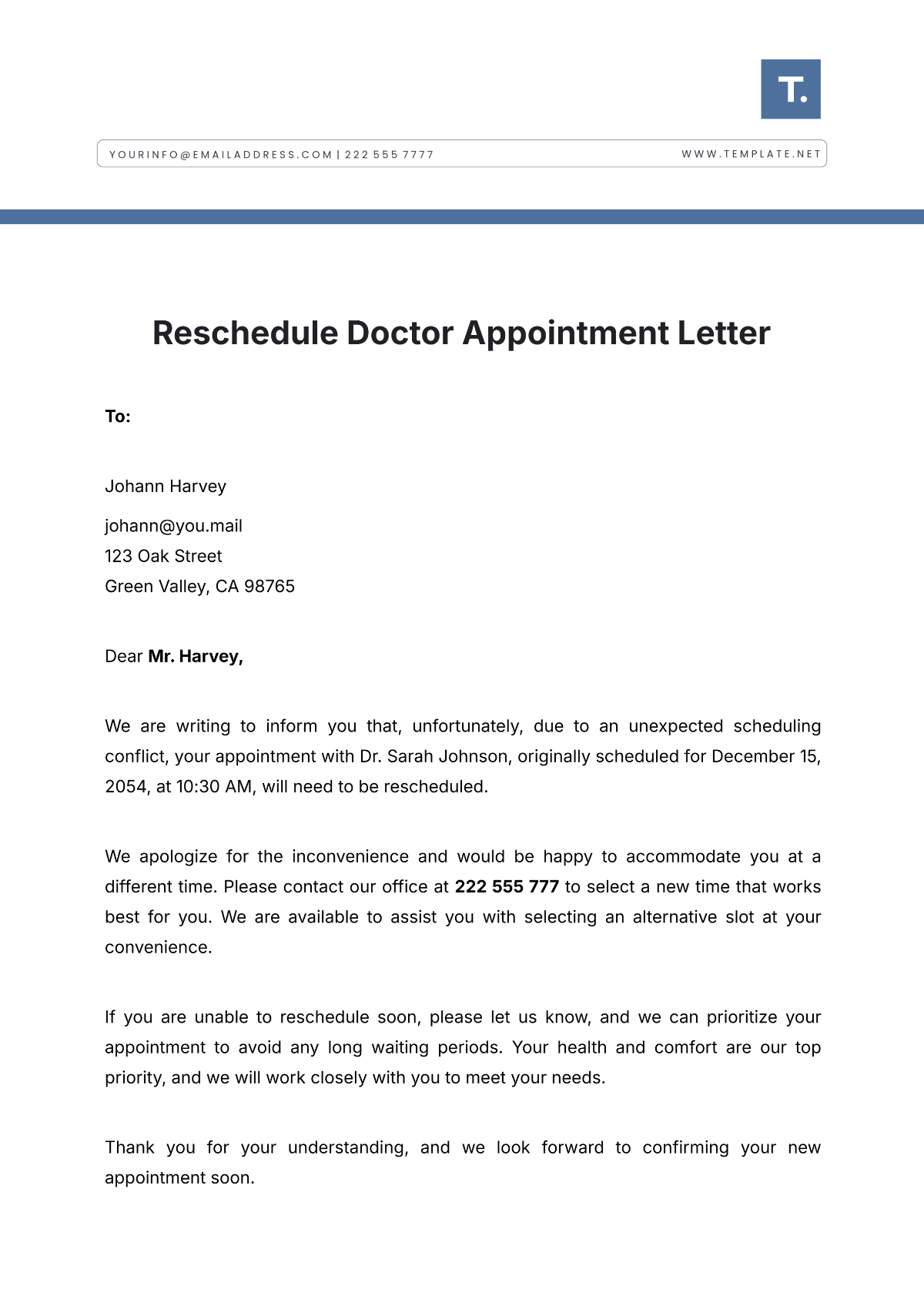 Free Reschedule Doctor Appointment Letter Template