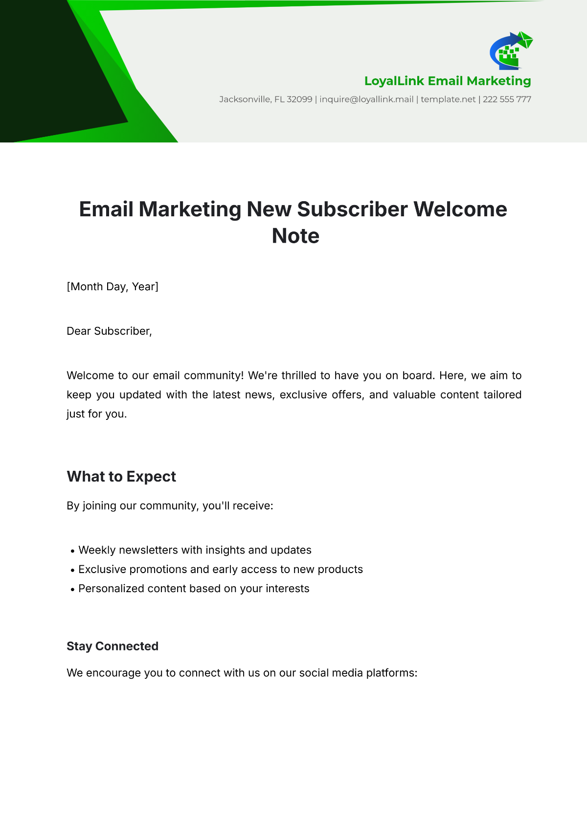 Free Email Marketing New Subscriber Welcome Note Template