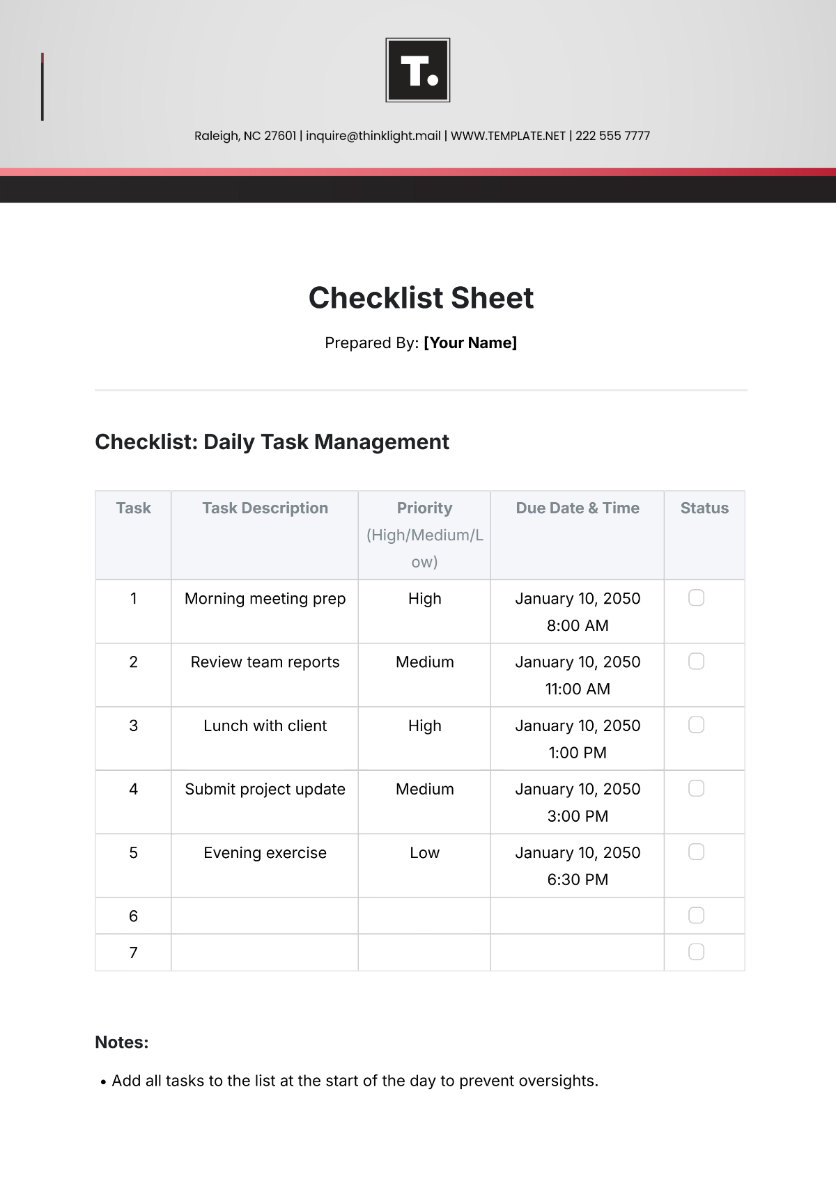 Free Checklist Sheet Template