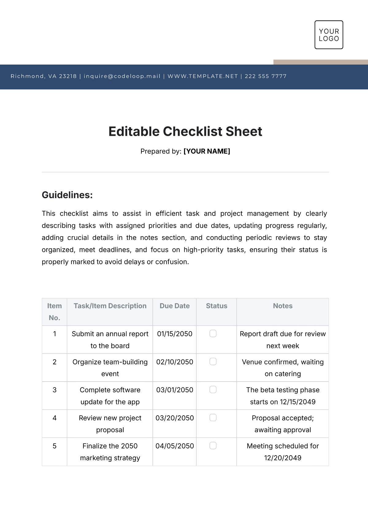 Free Editable Checklist Sheet Template