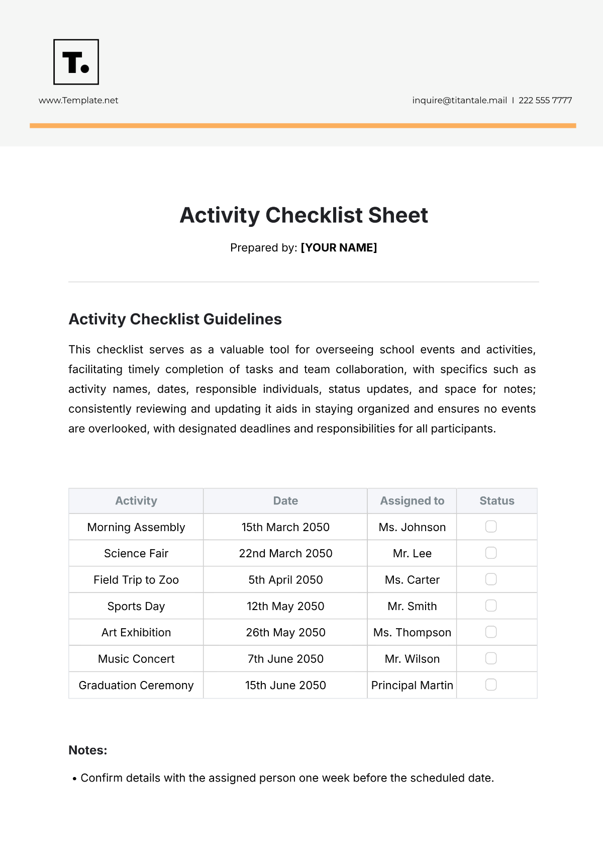 Free Activity Checklist Sheet Template