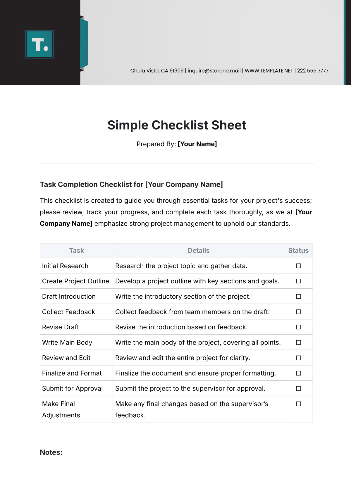 Free Simple Checklist Sheet Template