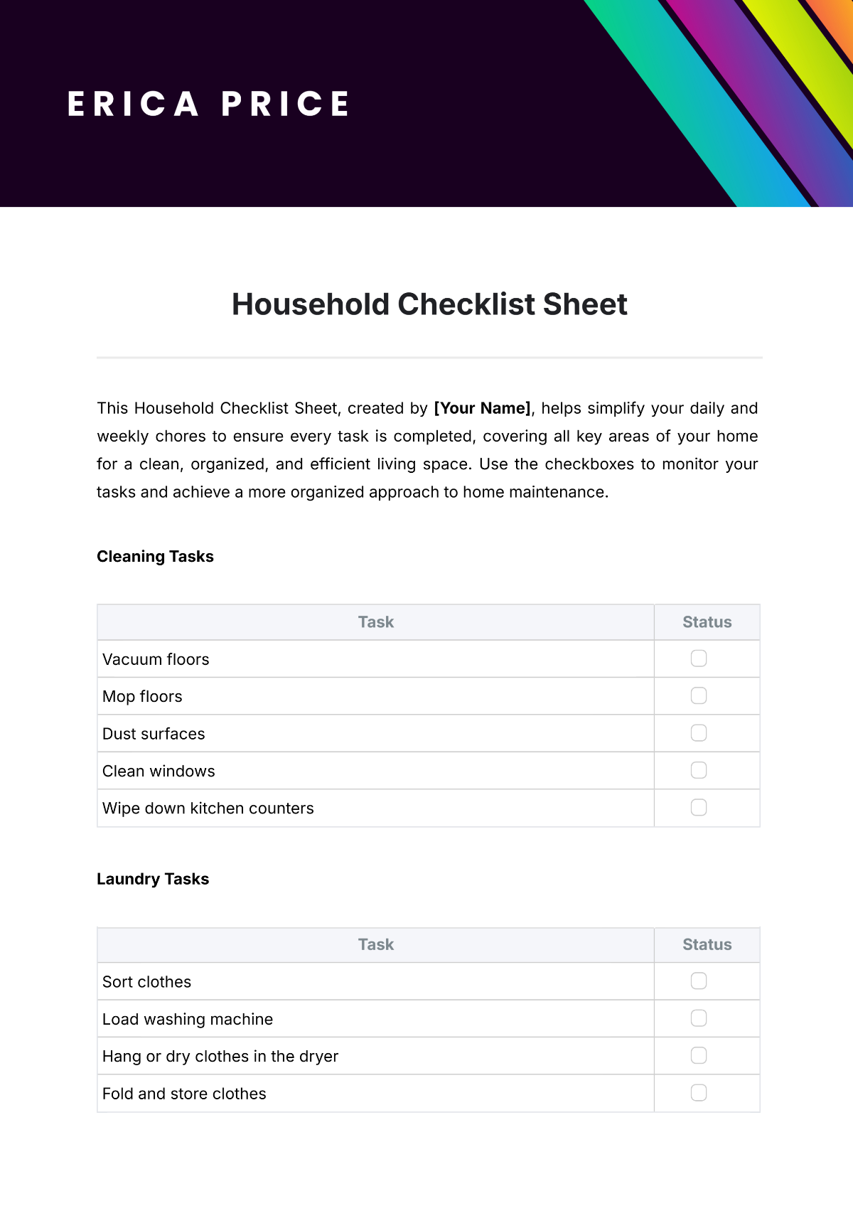 Free Household Checklist Sheet Template