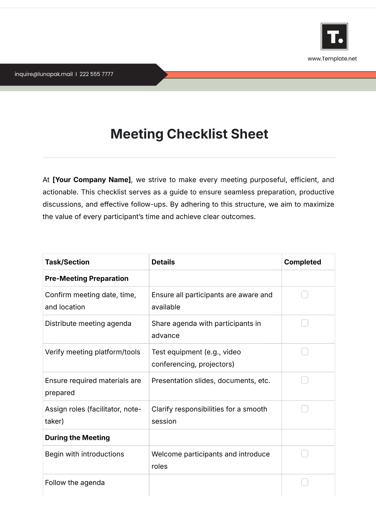 Free Meeting Checklist Sheet Template