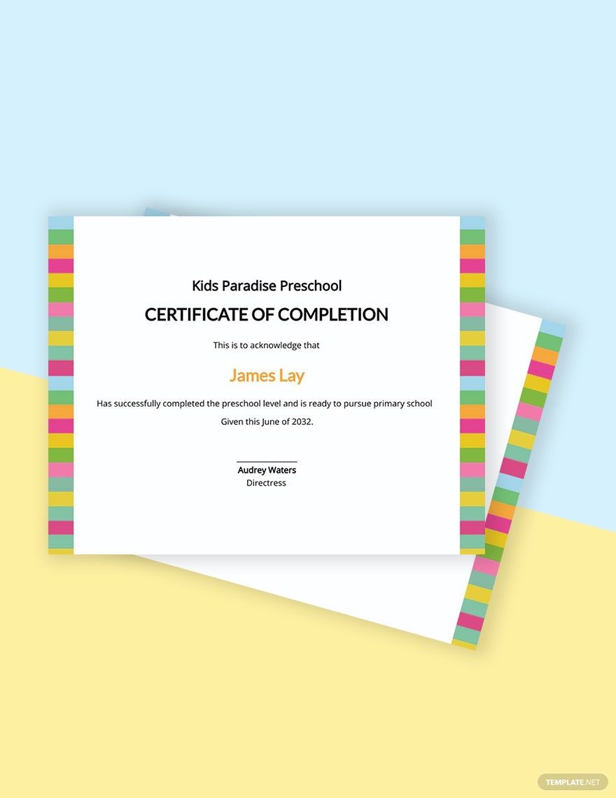 Preschool Completion Certificate Template in PSD, Pages, Word, Publisher, Illustrator, Google Docs - Download | Template.net