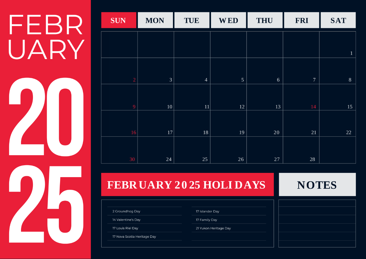 February 2025 Calendar with Canada Holidays Template