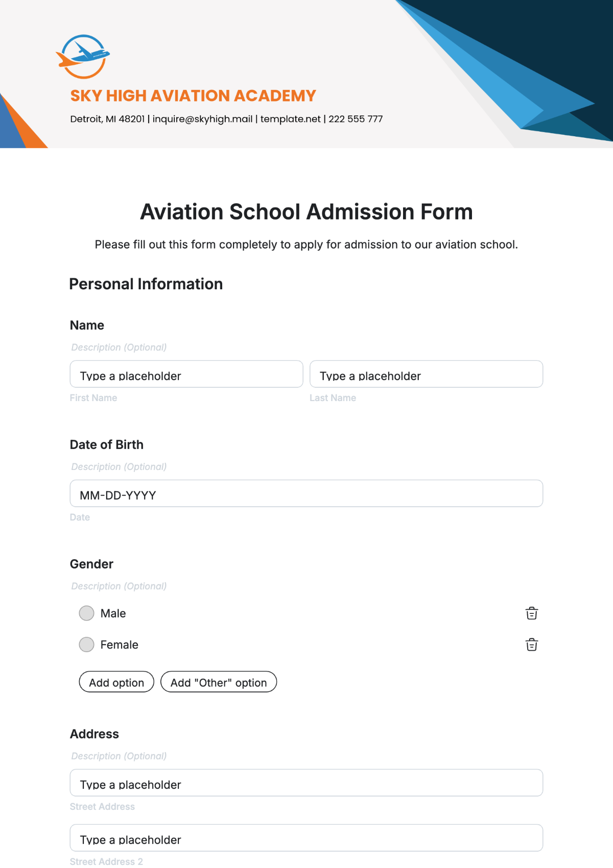 Free Aviation School Admission Form Template