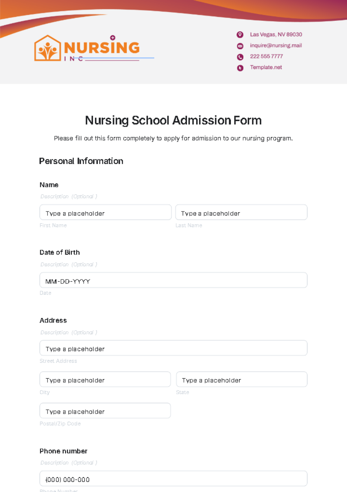 Free Nursing School Admission Form Template