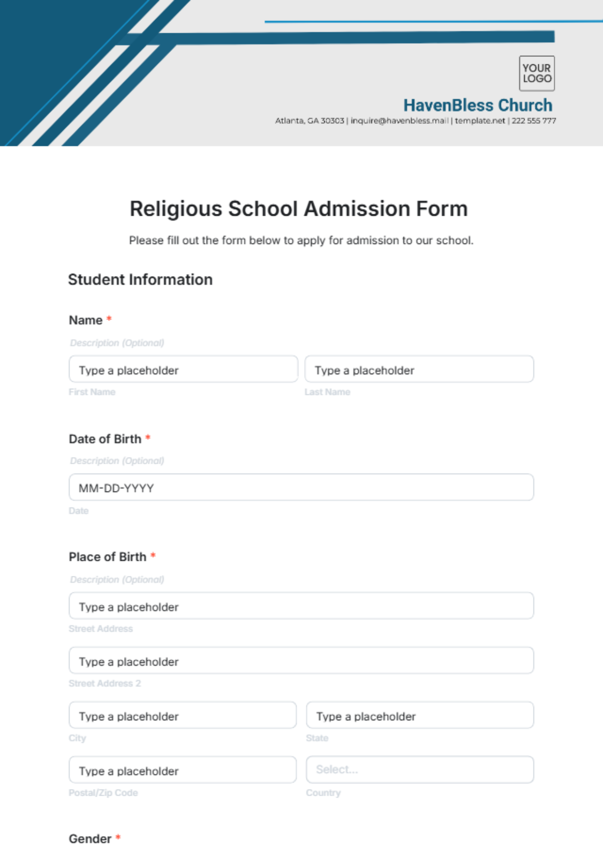 Free Religious School Admission Form Template