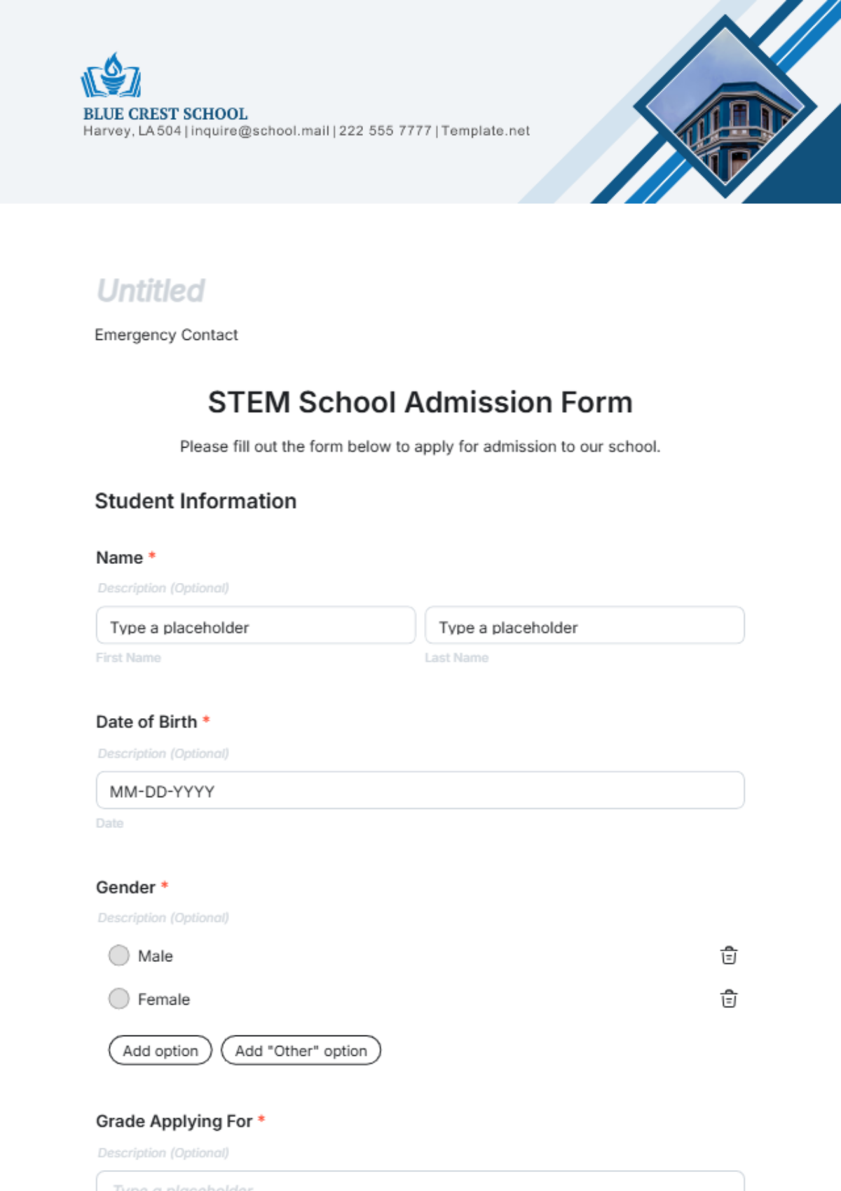 Free STEM School Admission Form Template