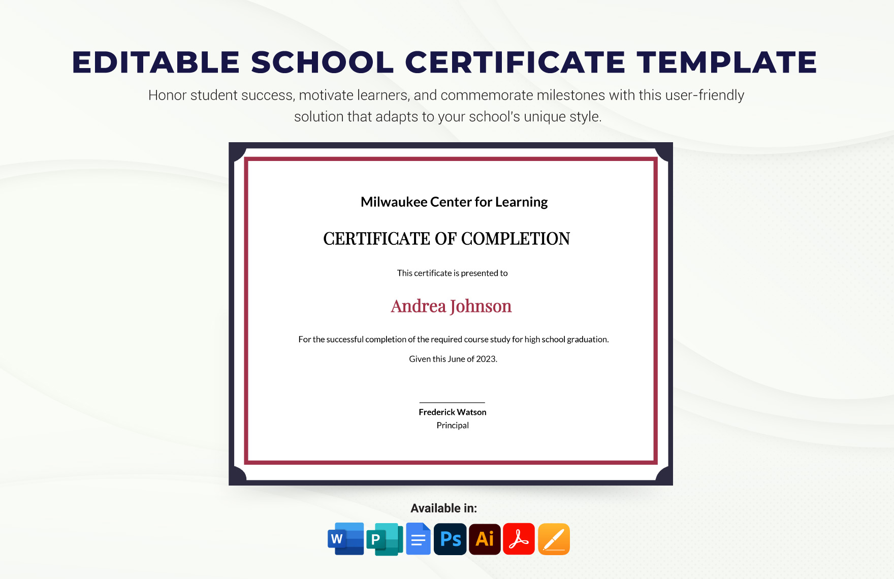 Editable School Certificate Template in Illustrator, Pages, PSD, Google Docs, Word, Publisher, PDF - Download | Template.net