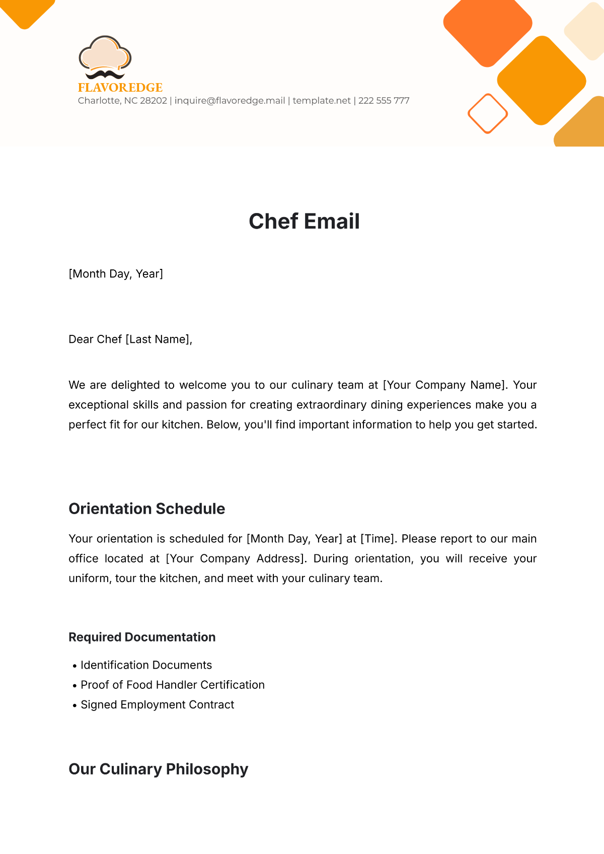 Free Chef Email Template