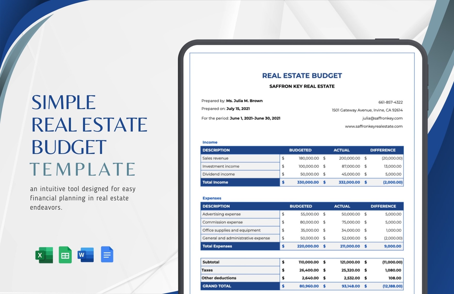 Simple Real Estate Budget Template in Google Docs, Word, Google Sheets, Excel - Download | Template.net