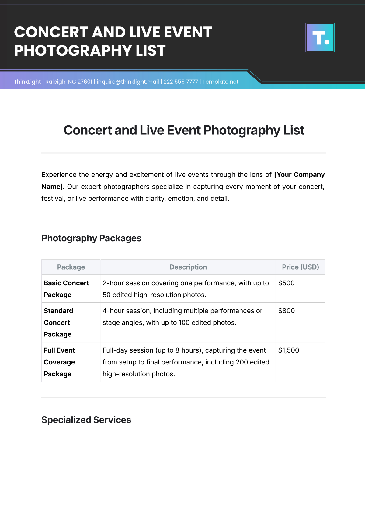 Free Concert and Live Event Photography List Template