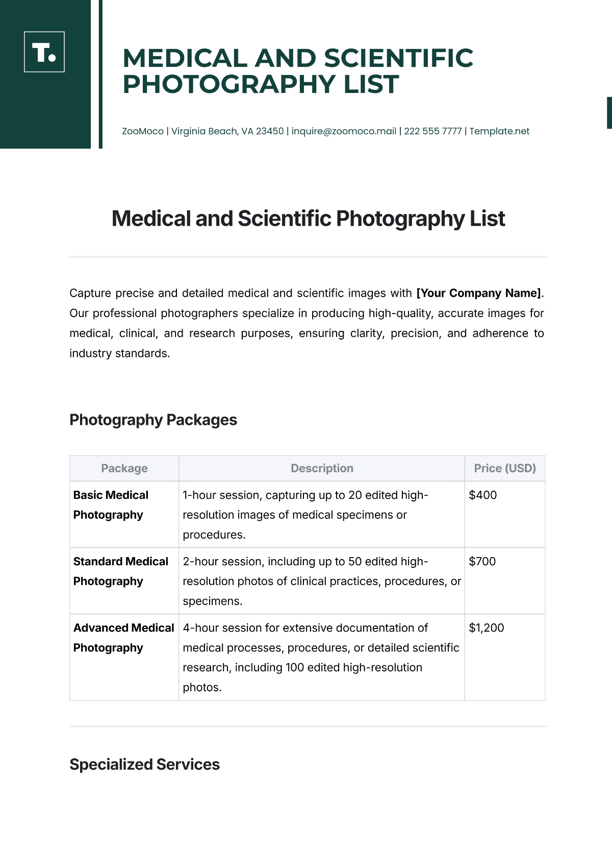 Free Medical and Scientific Photography List Template