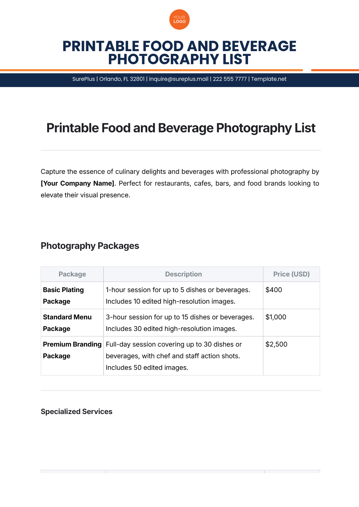 Free Printable Food and Beverage Photography List Template