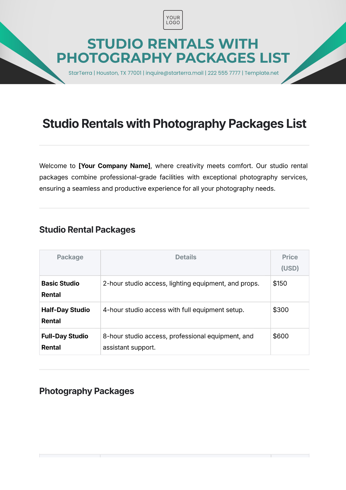 Free Studio Rentals with Photography Packages List Template