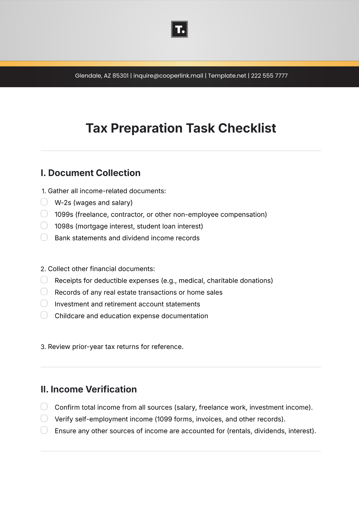 Free Tax Preparation Task Checklist Template