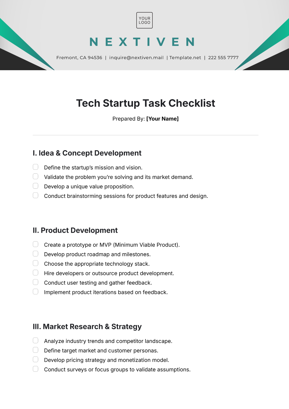 Free Tech Startup Task Checklist Template