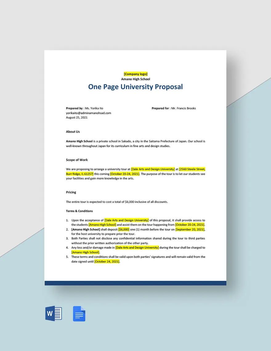 One Page University Proposal Template