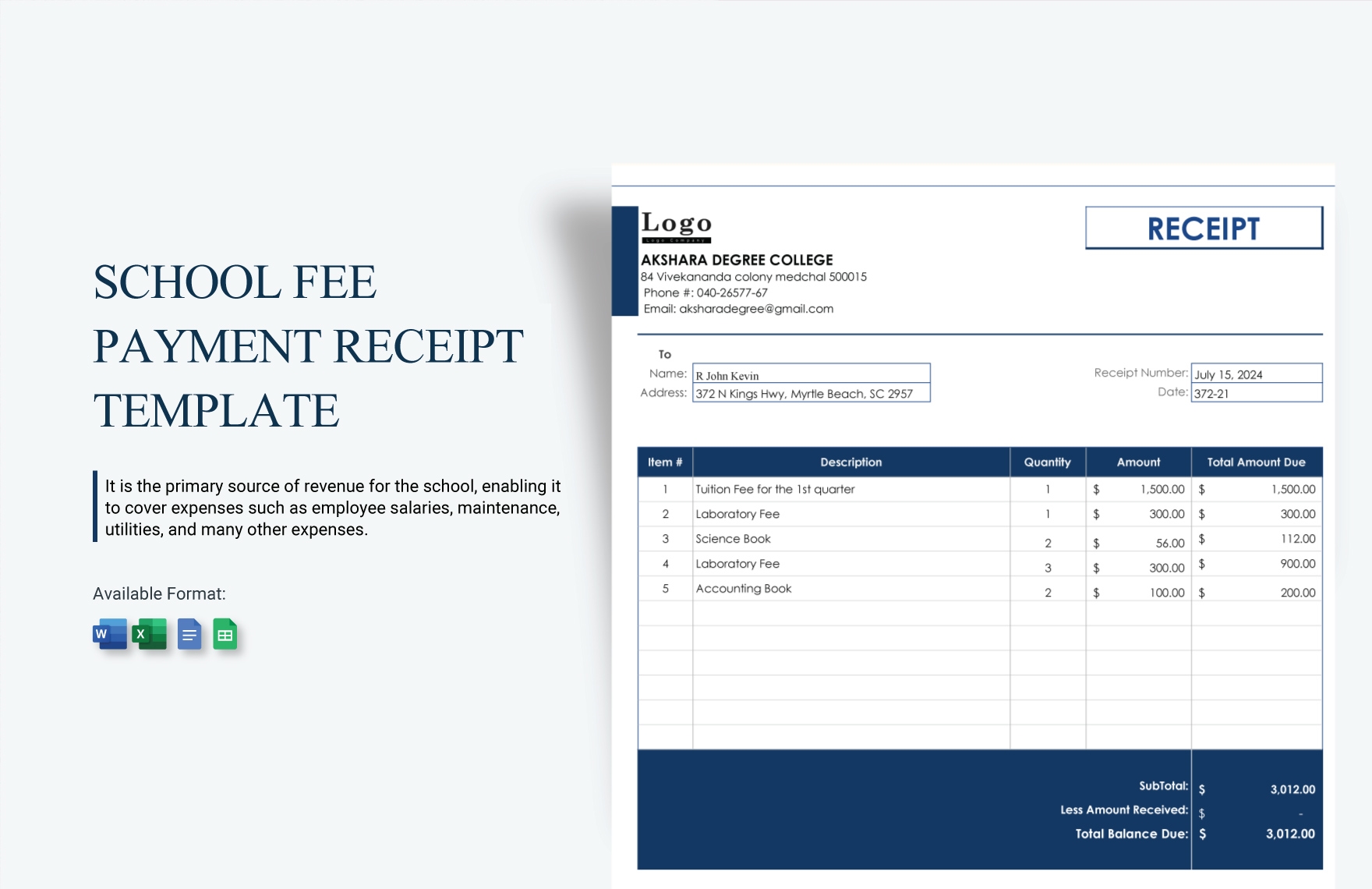 School Fee Payment Receipt Template