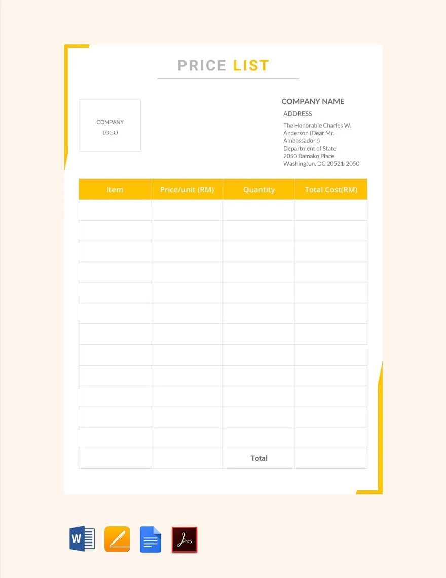 Price List Template in Word, Google Docs - Download | Template.net