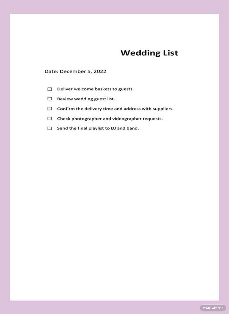 Wedding List Template in Google Docs, Word - Download | Template.net