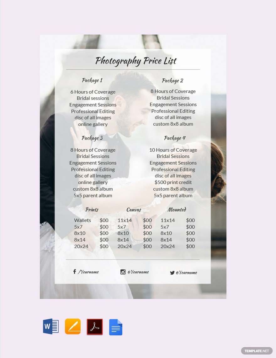 Photography Price List Template in Pages, Word, Google Docs - Download | Template.net