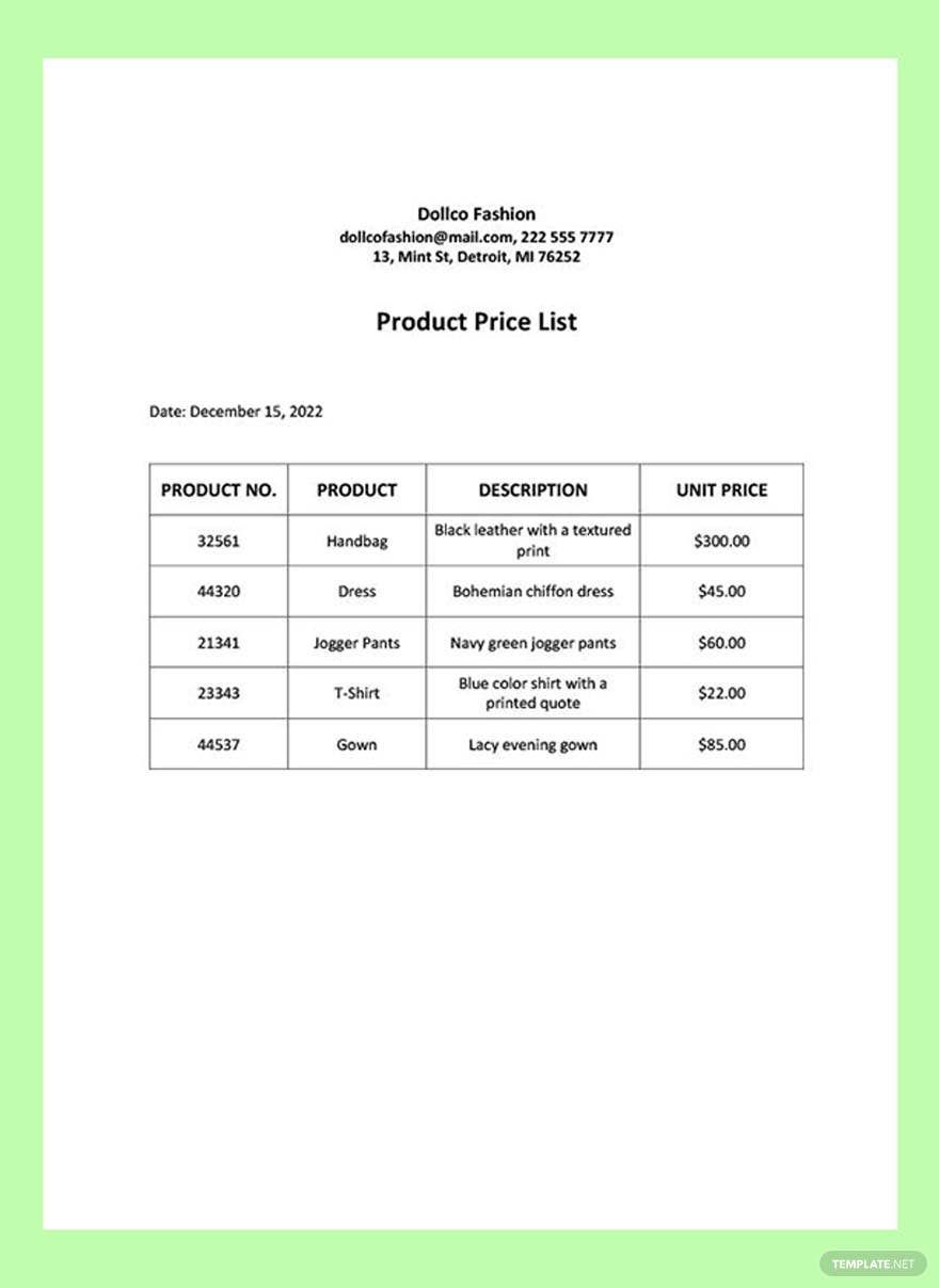 Product Price List Template in Google Docs, Word - Download | Template.net