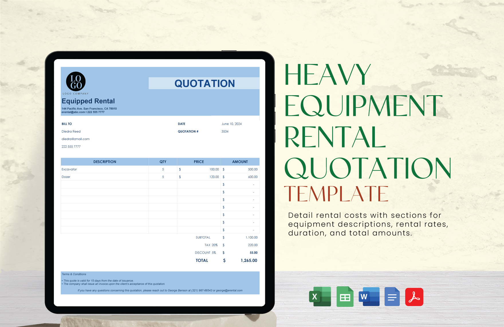 Heavy Equipment Rental Quotation Template in Word, Google Docs, Excel, Google Sheets, PDF - Download | Template.net