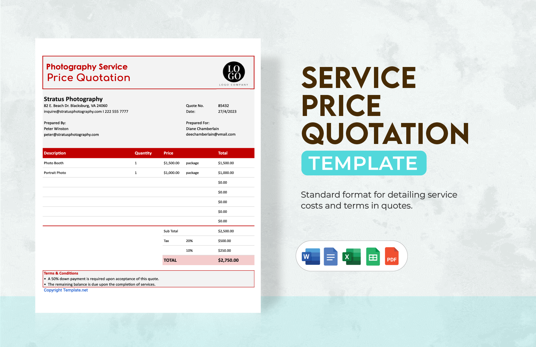 Service Price Quotation Template in Word, Google Docs, Excel, Google Sheets, PDF - Download | Template.net