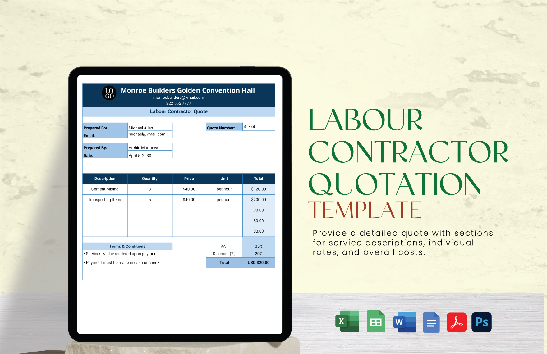 Labour Contractor Quotation Template in Word, Google Docs, Excel, Google Sheets, PSD, PDF - Download | Template.net