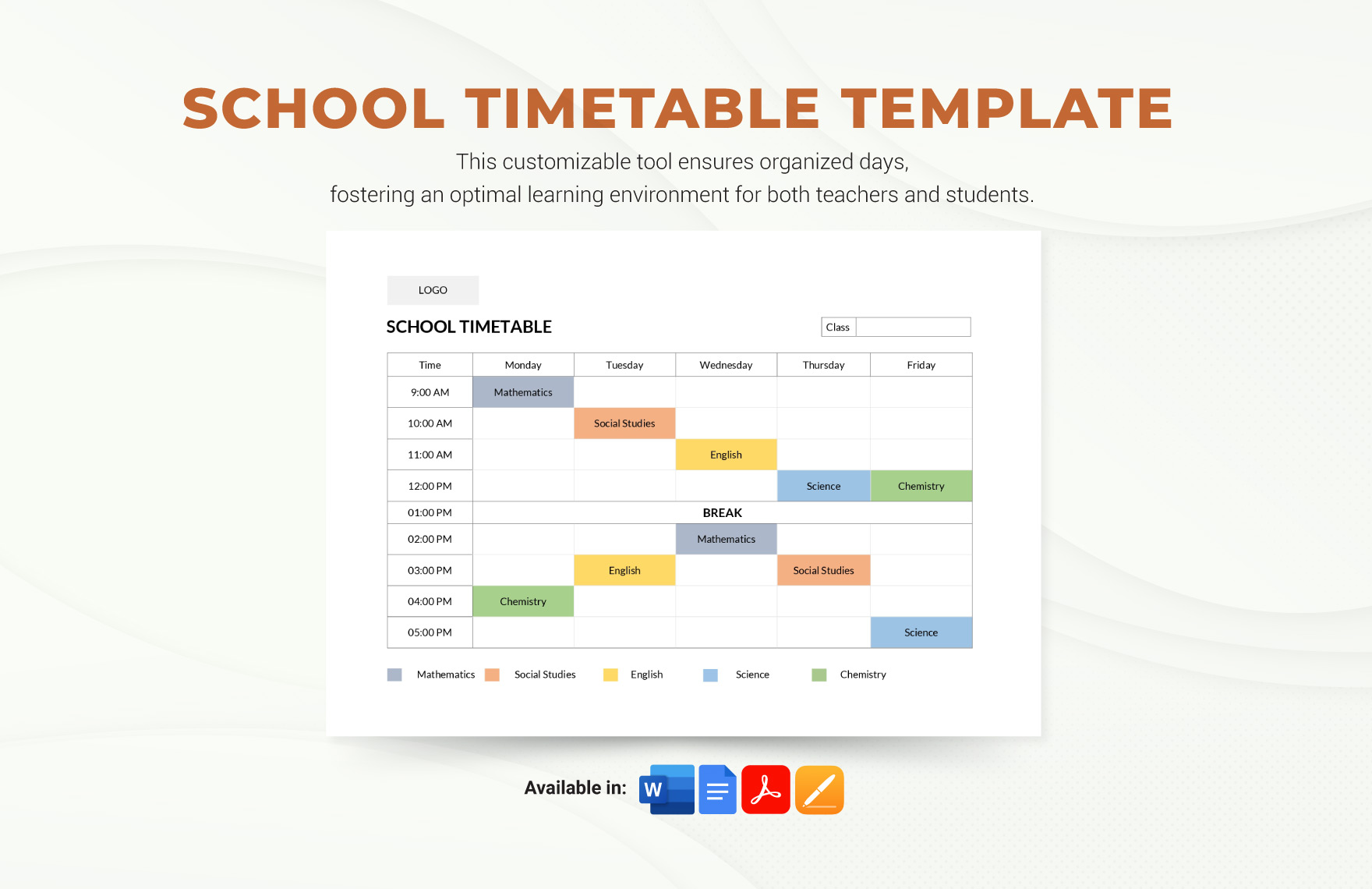 School Timetable Template in Pages, PDF, Word, Google Docs - Download | Template.net