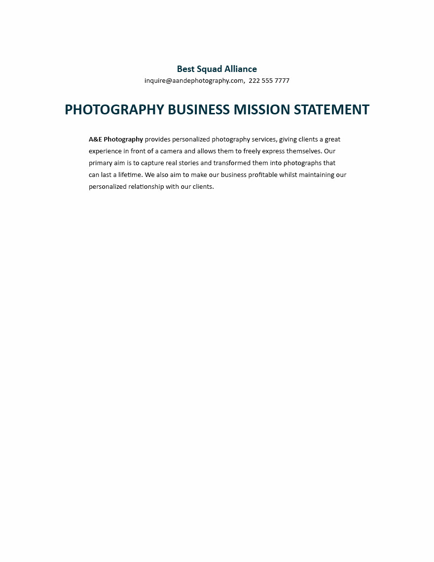 Photography Business Mission Statement Template