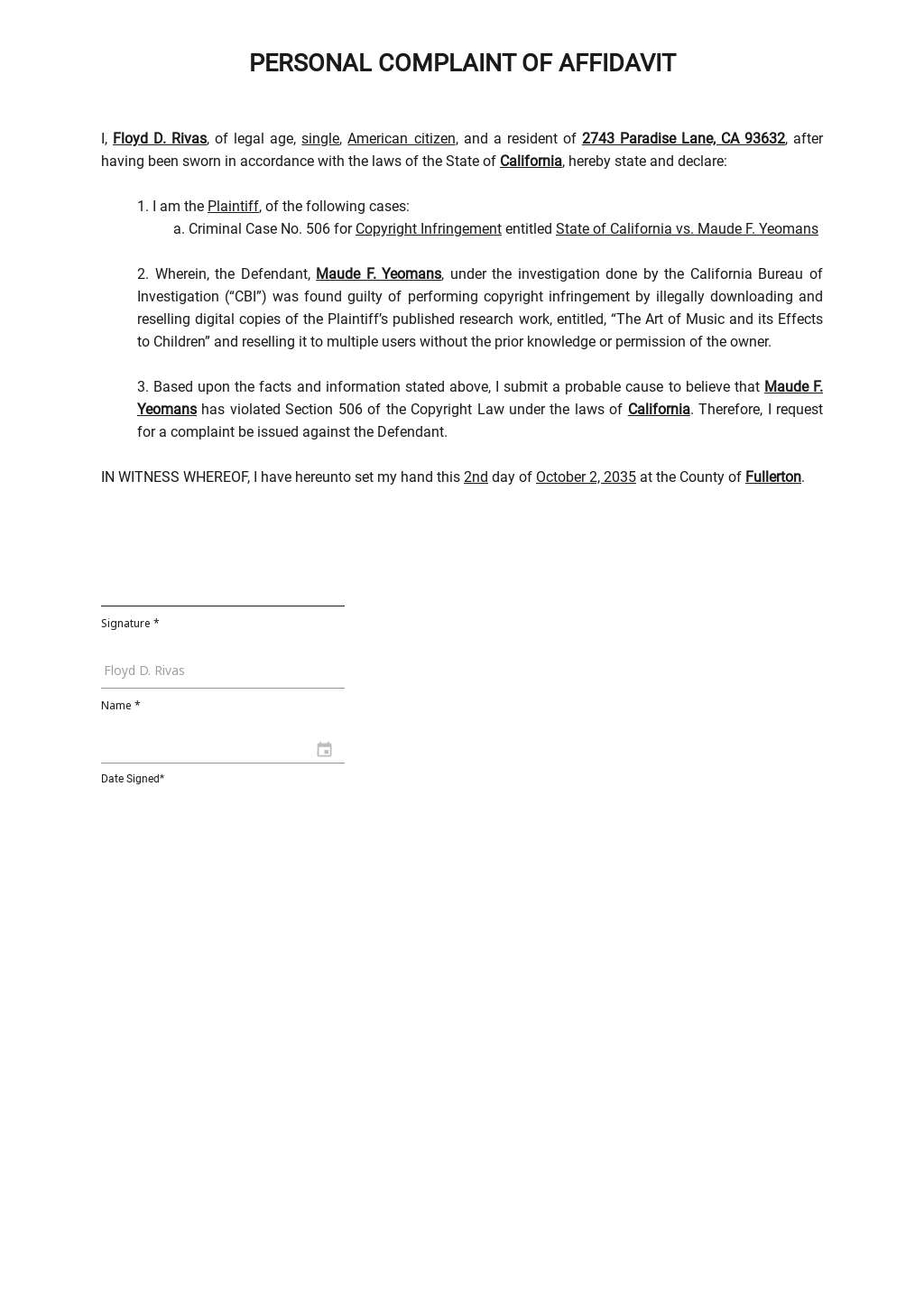 Personal Affidavit Template