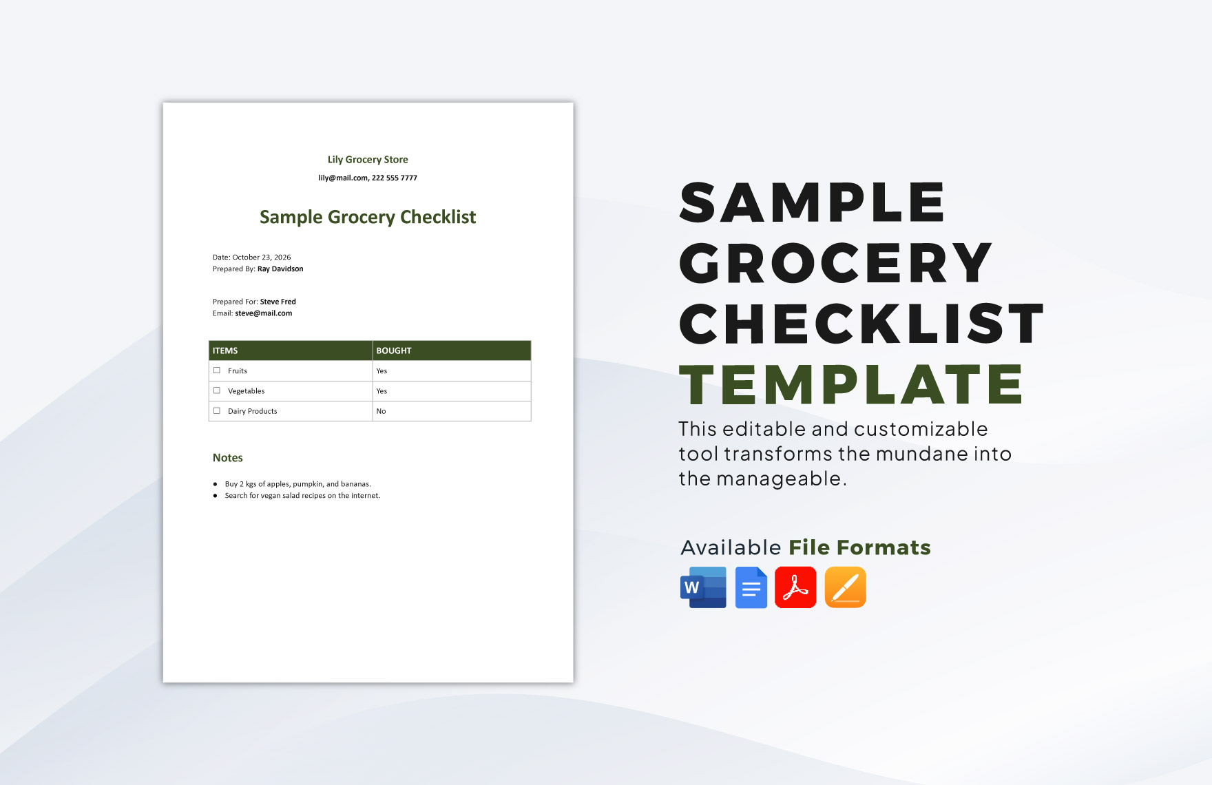 Sample Grocery Checklist Template in Google Docs, PDF, Word, Pages - Download | Template.net