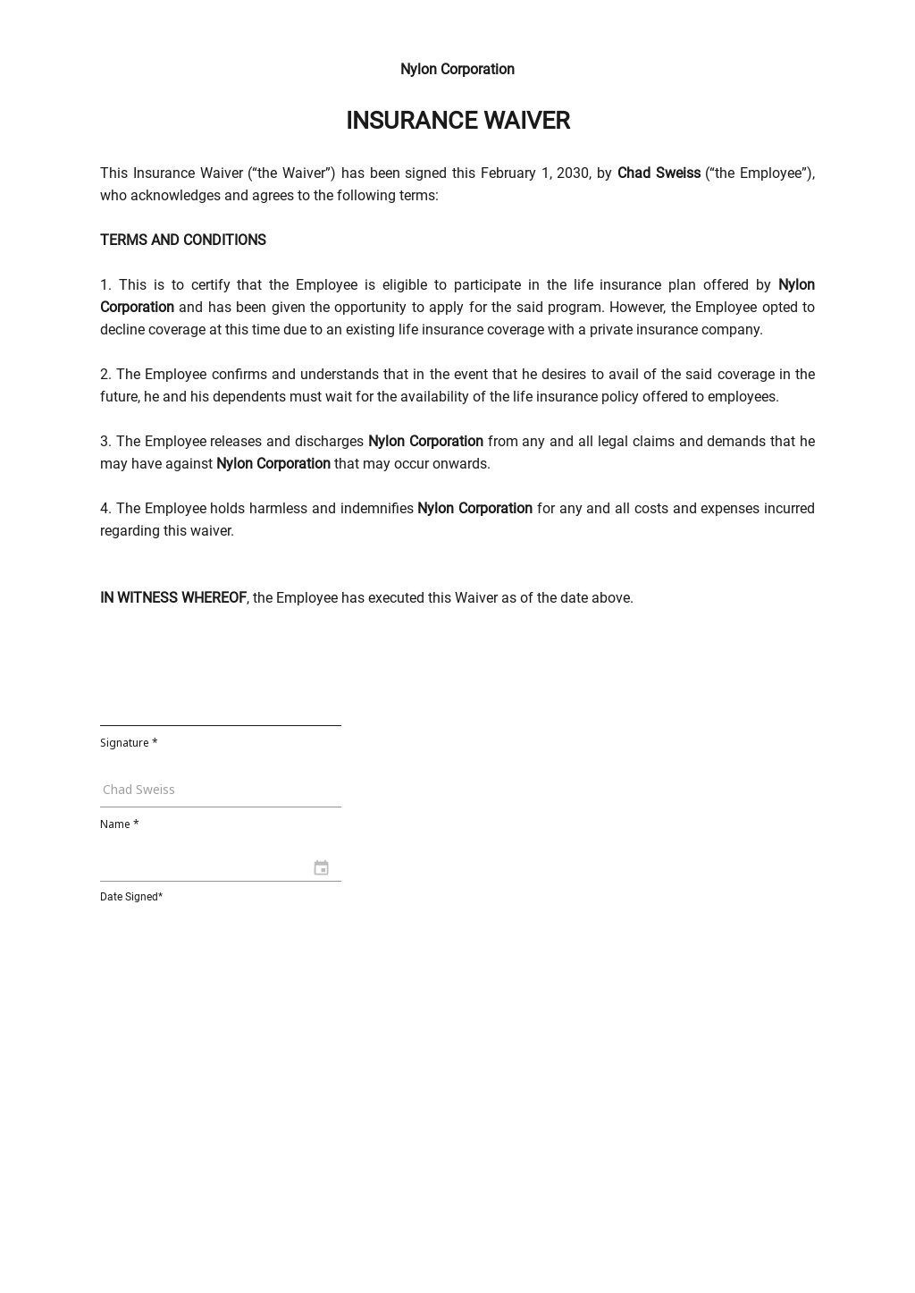 Insurance Waiver Template