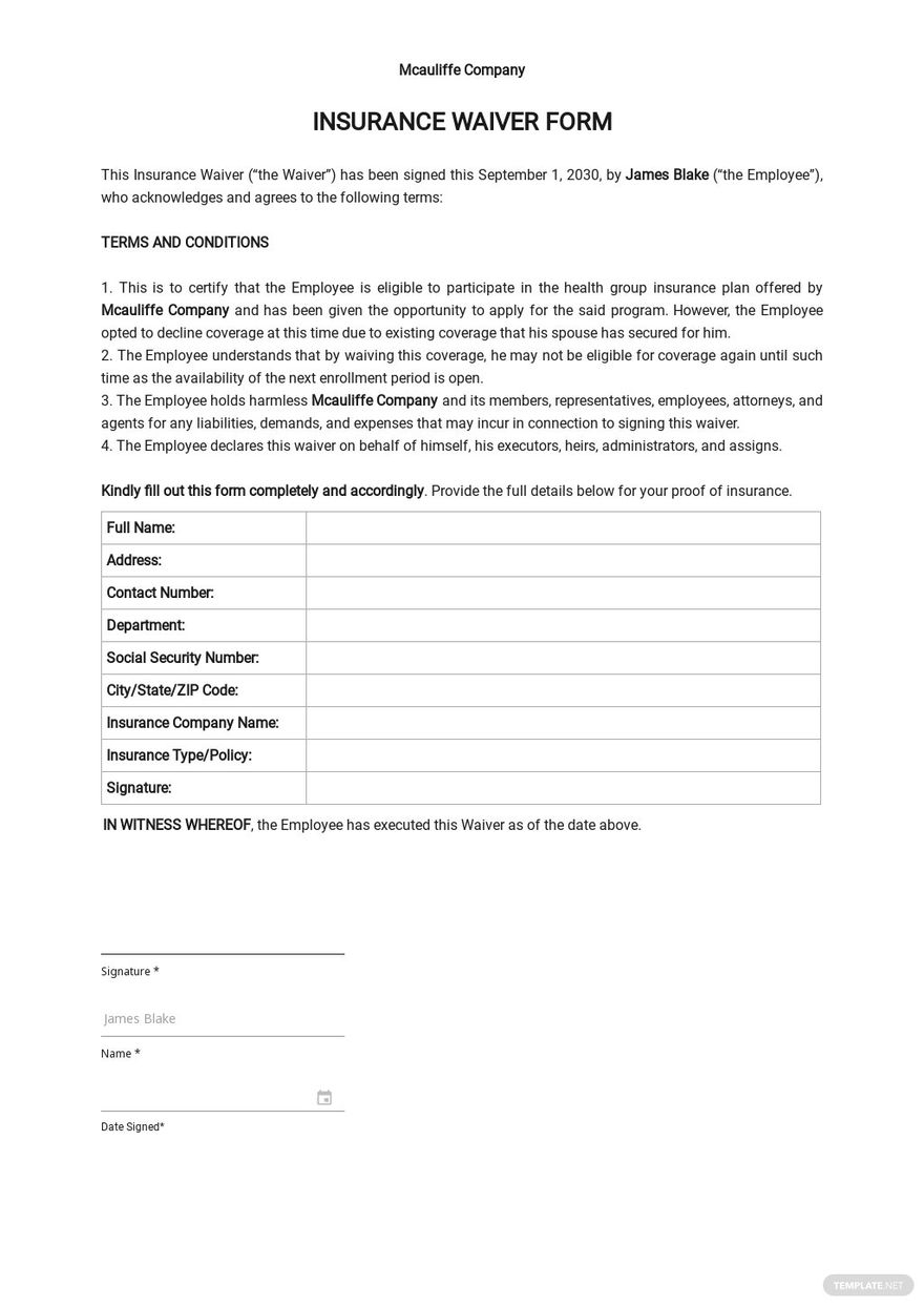 Insurance Waiver Form Template