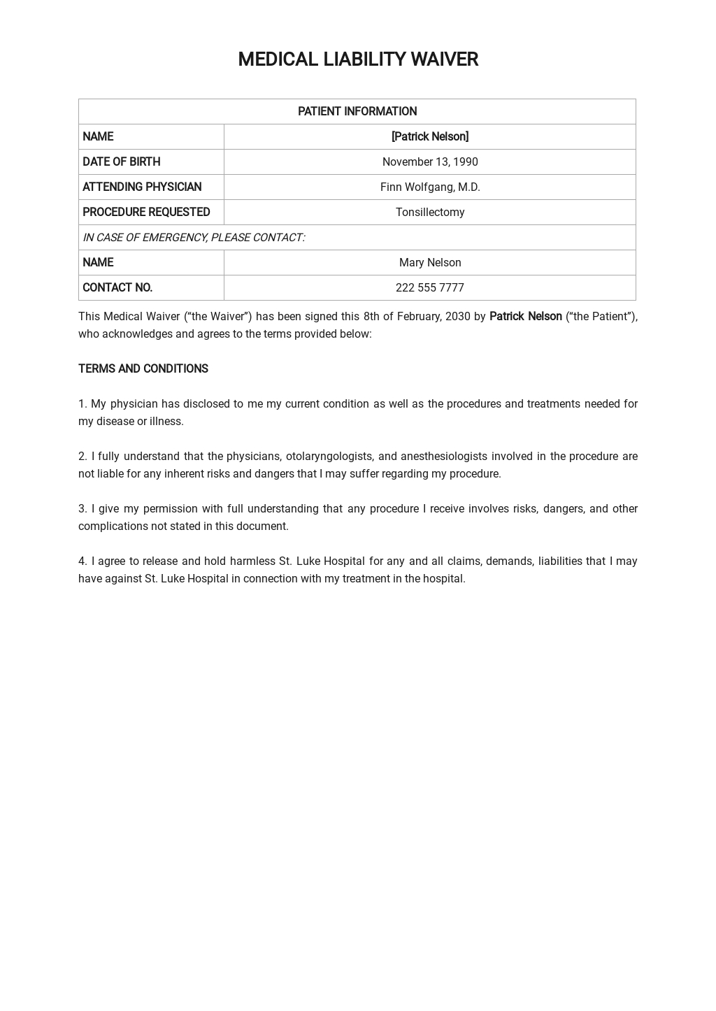 Medical Liability Waiver Template