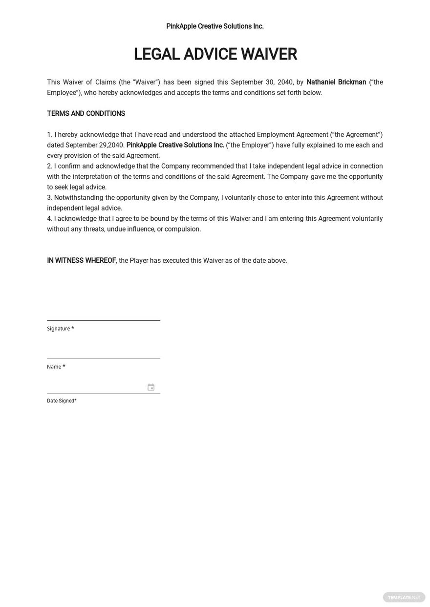 Legal Advice Waiver Template