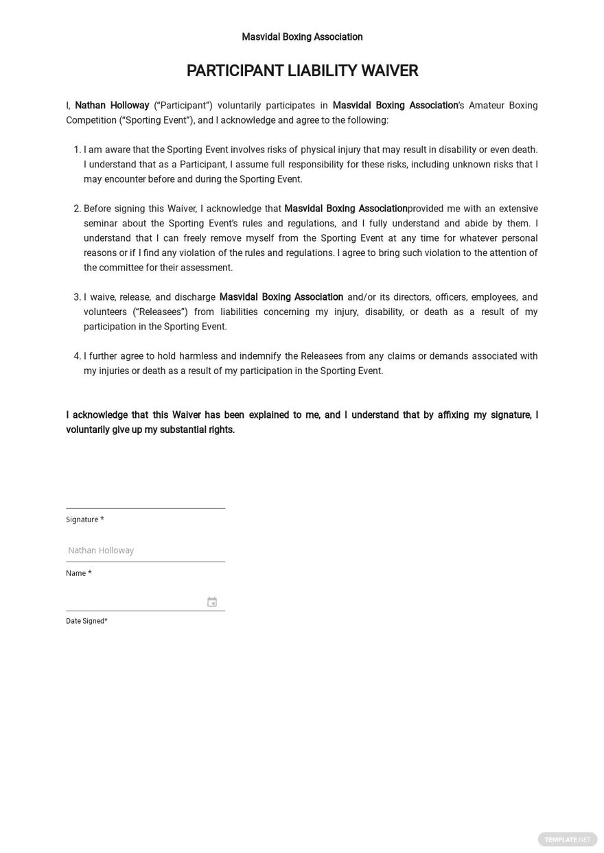 Participant Liability Waiver Form Template