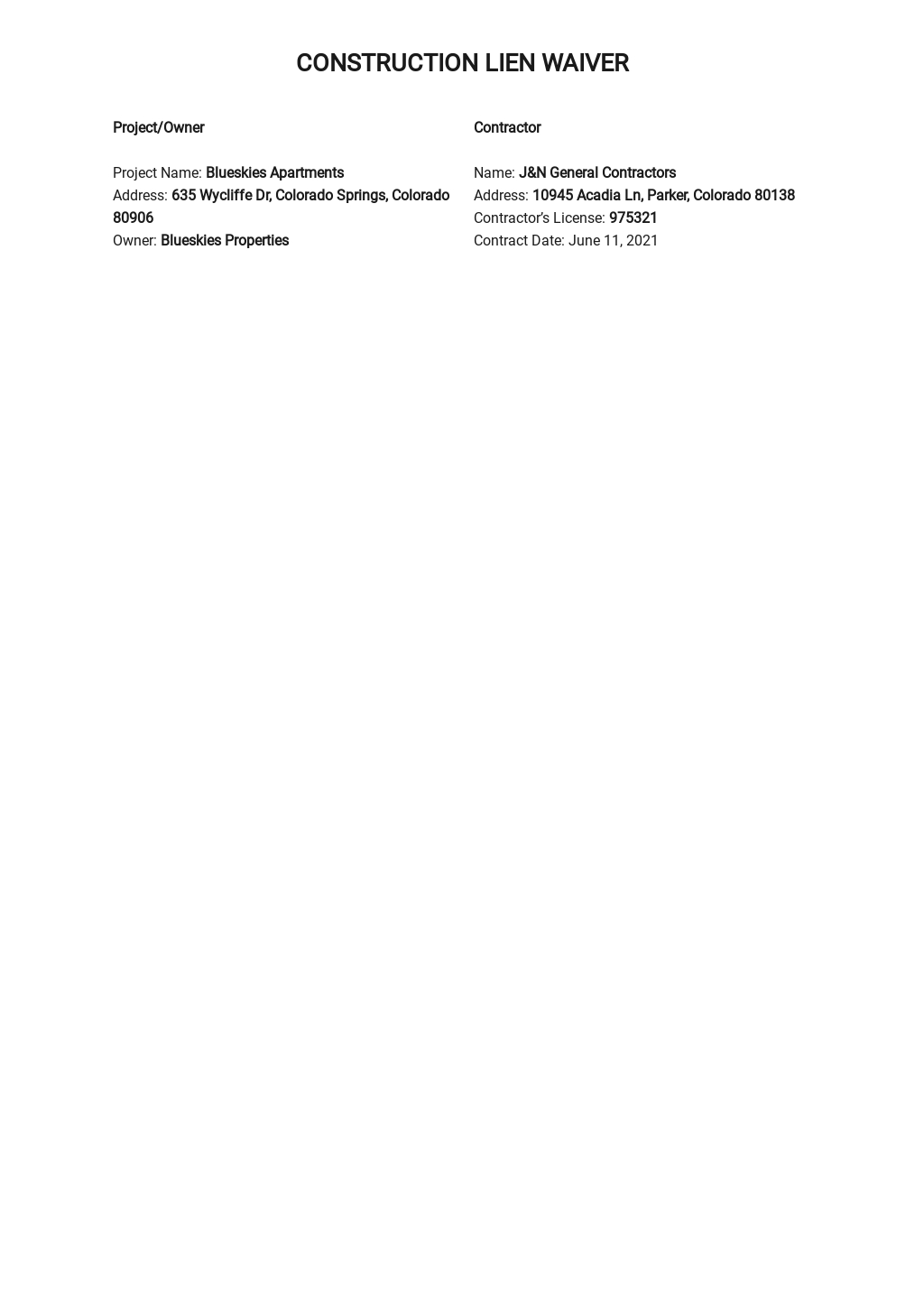 Lien Waiver Form Template