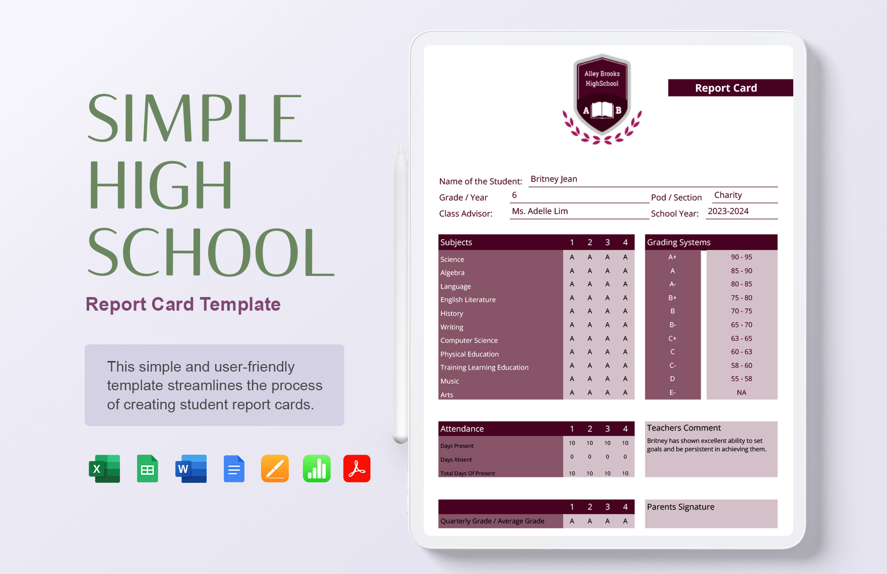 Simple High School Report Card Template in Word, Illustrator, Apple Pages, Apple Numbers, PDF, Google Docs, Excel, Google Sheets - Download | Template.net