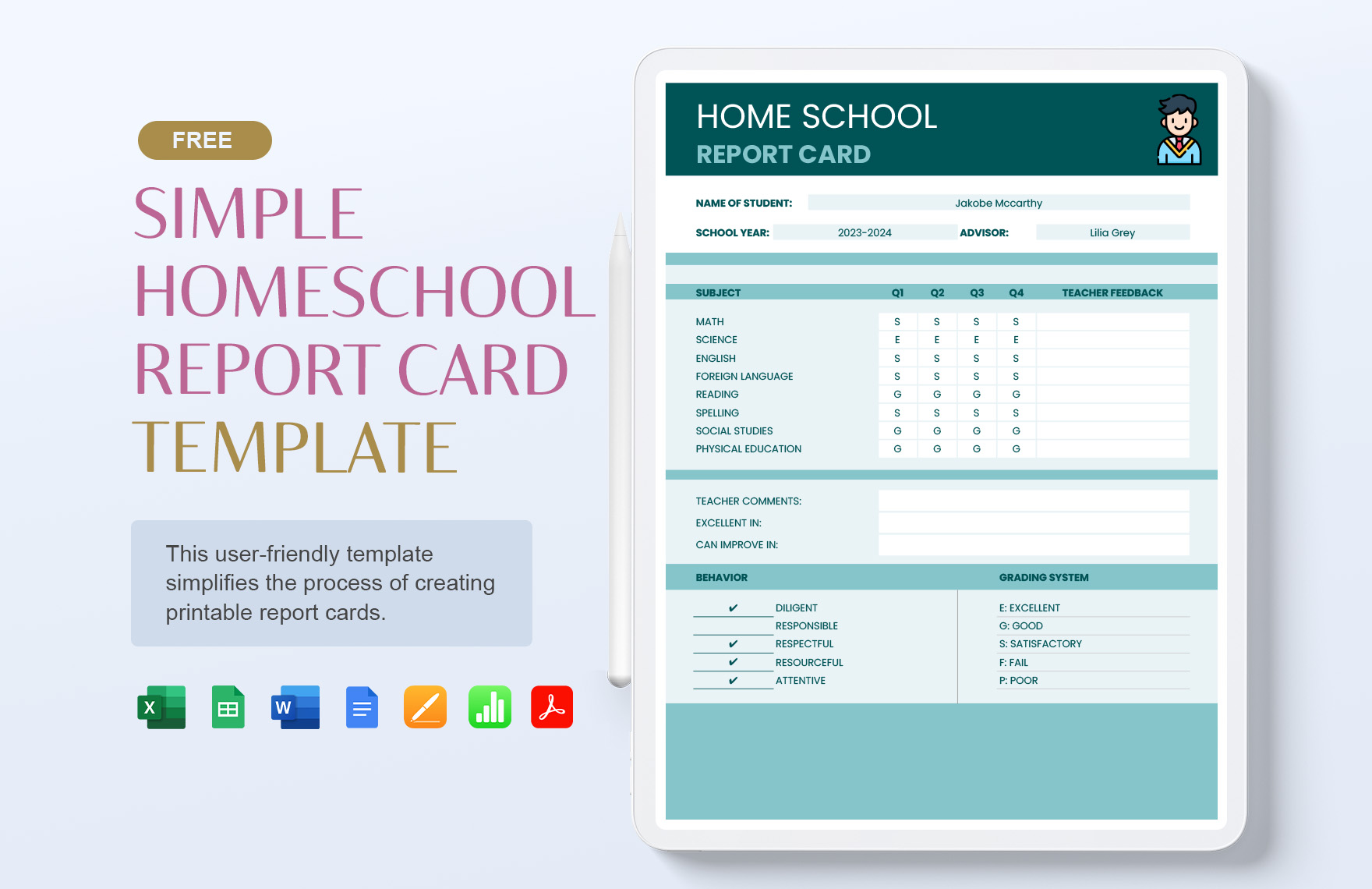 Simple Home School Report Card Template in Publisher, Word, Illustrator, Apple Numbers, Apple Pages, PDF, Google Docs, Excel, Google Sheets - Download | Template.net