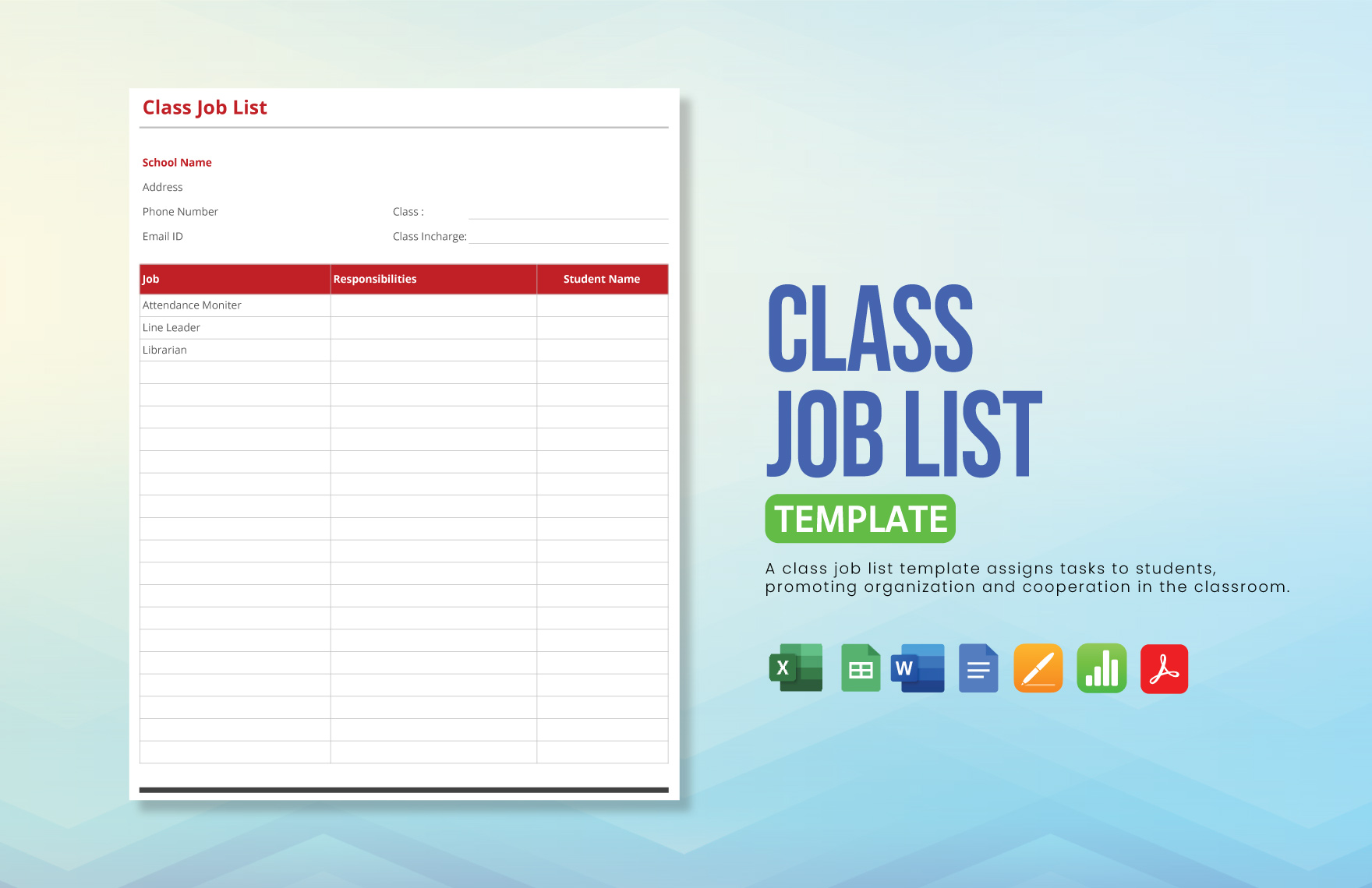 Class Job List Template in Google Sheets, Excel, Apple Pages, PDF, Word, Google Docs, Apple Numbers - Download | Template.net