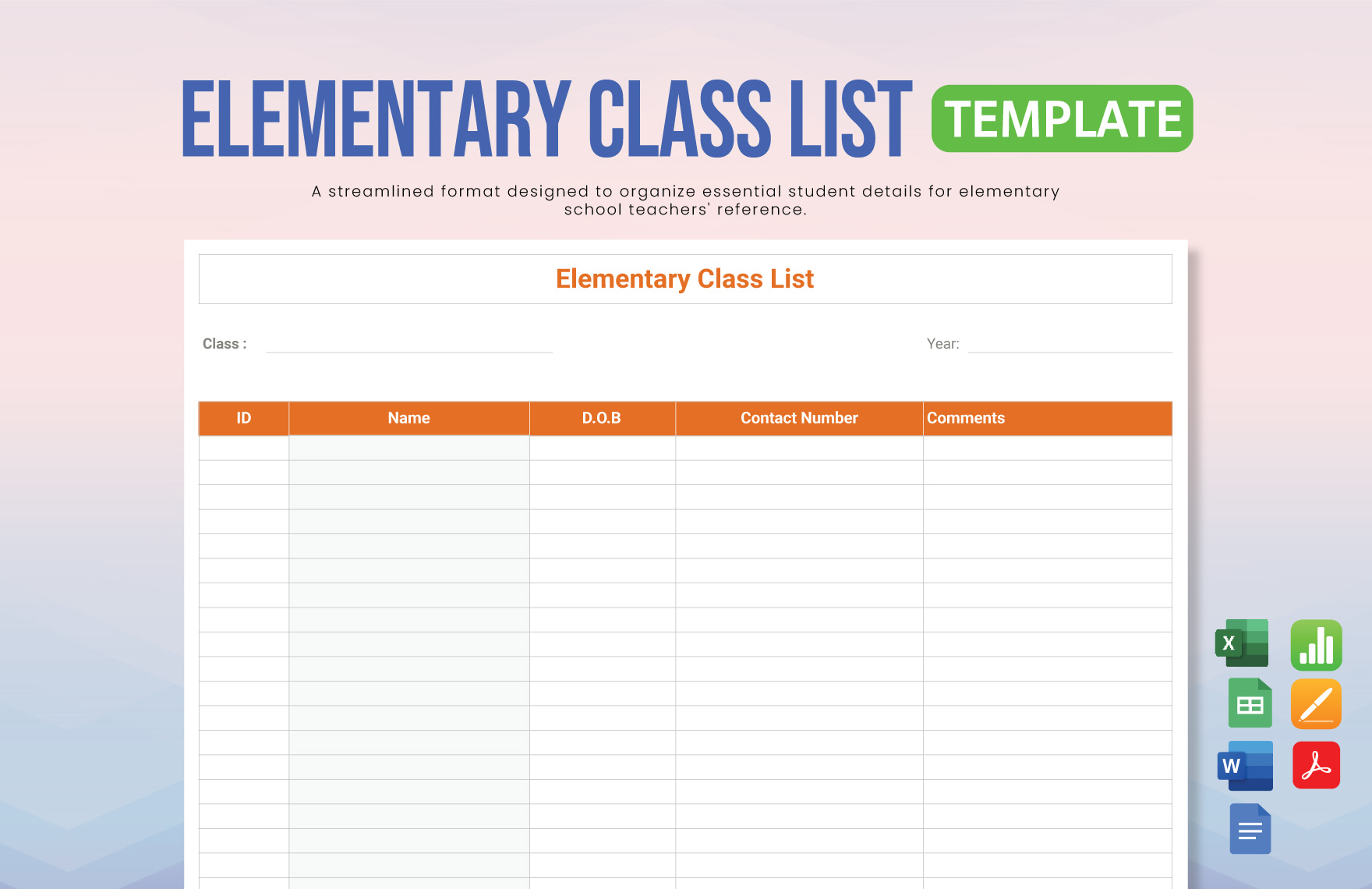 Elementary Class List Template in Google Docs, Google Sheets, PDF, Word, Excel, Apple Pages, Apple Numbers - Download | Template.net